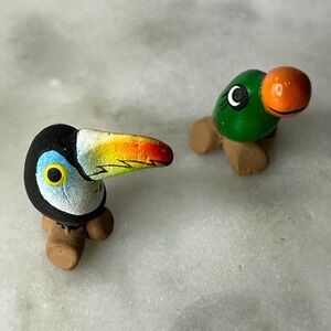 Vintage Miniature Toucan & Parrot Figurines Hand Painted Clay Pottery Folk Art